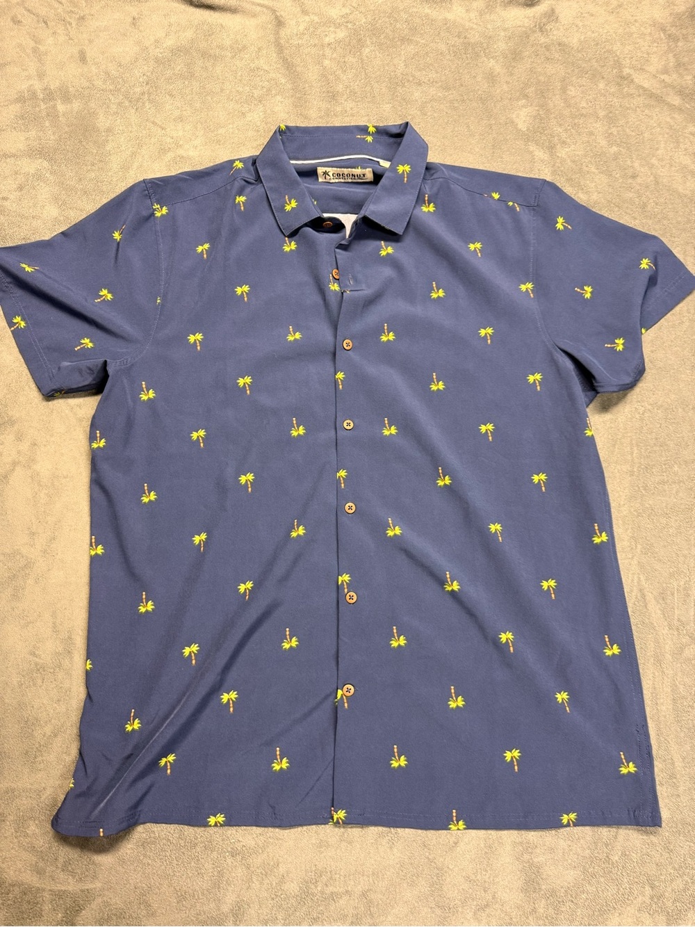 Mens Blue Short-Sleeve Button-Down Shirt with Yellow Palm Print